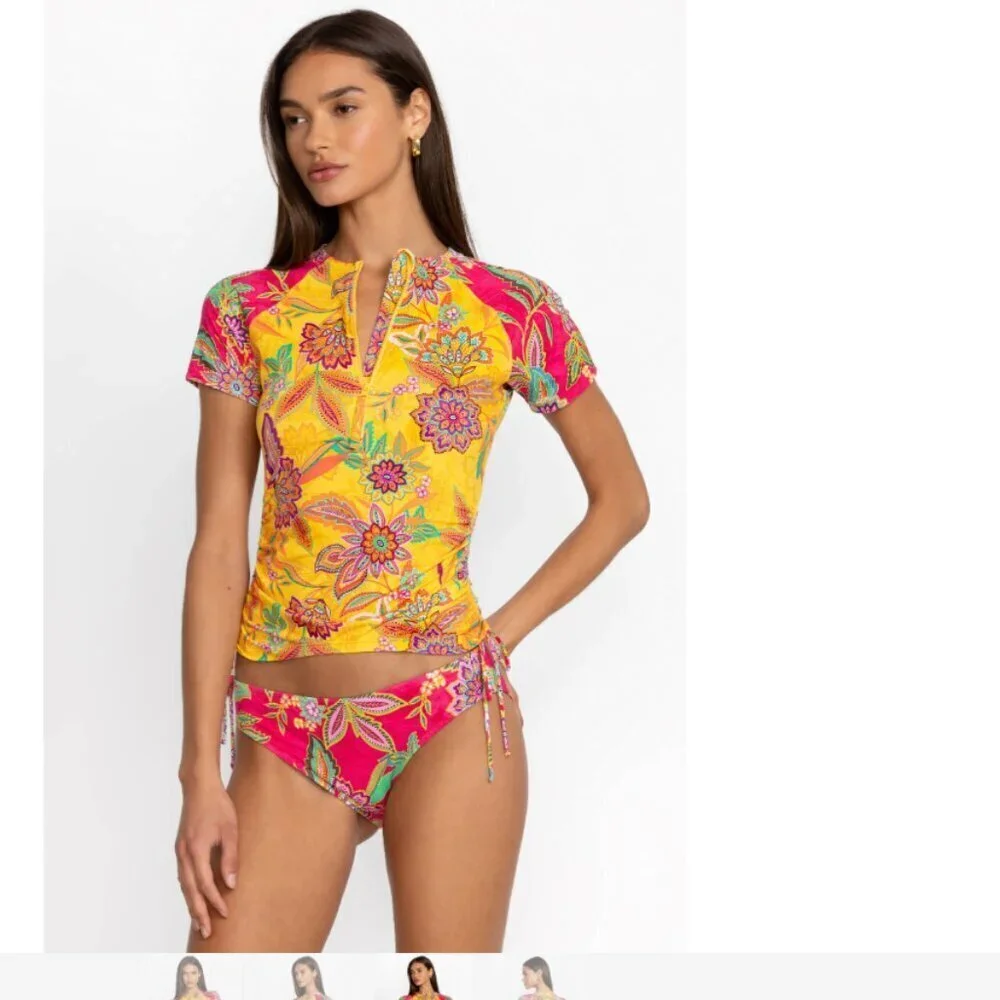NWT Johnny Was Sunshine and Flamingo Drawstring Surf Shirt Multicolor Floral UV